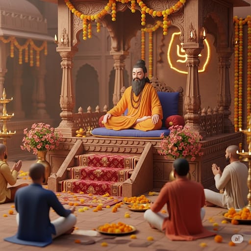 Guru Purnima scene: A spiritual guru, reminiscent of Maharishi Ved Vyasa or a revered teacher, meditating in a temple while disciples offer prayers. Features saffron robes, marigold decorations, and traditional Hindu worship."